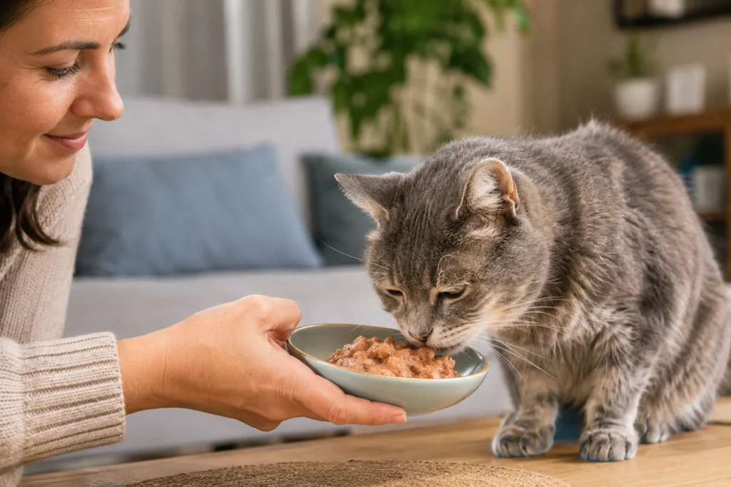 Tutor alimentando gato idoso em casa