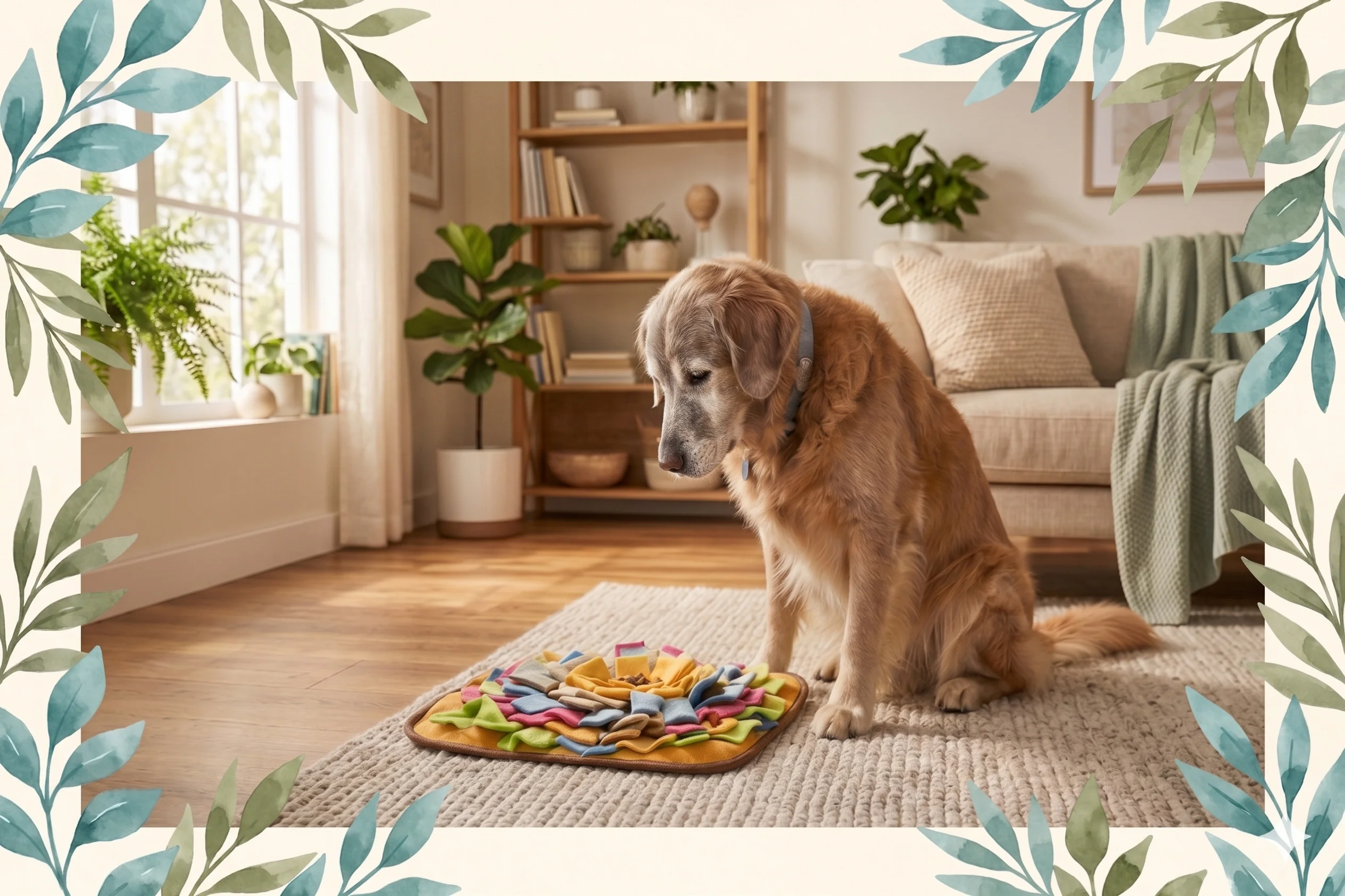 Cachorro Golden Retriever sênior focado em encontrar petiscos em um tapete de fuçar colorido, um excelente brinquedo interativo para cães idosos. A foto possui o padrão visual do Guia Pet Sênior com moldura de folhas.