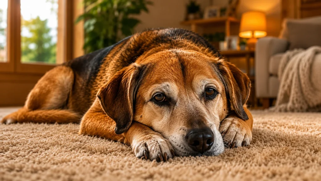 Cachorro idoso triste e quieto de porte médio descansando em um tapete felpudo na sala de estar, com expressão calma e olhos entreabertos.