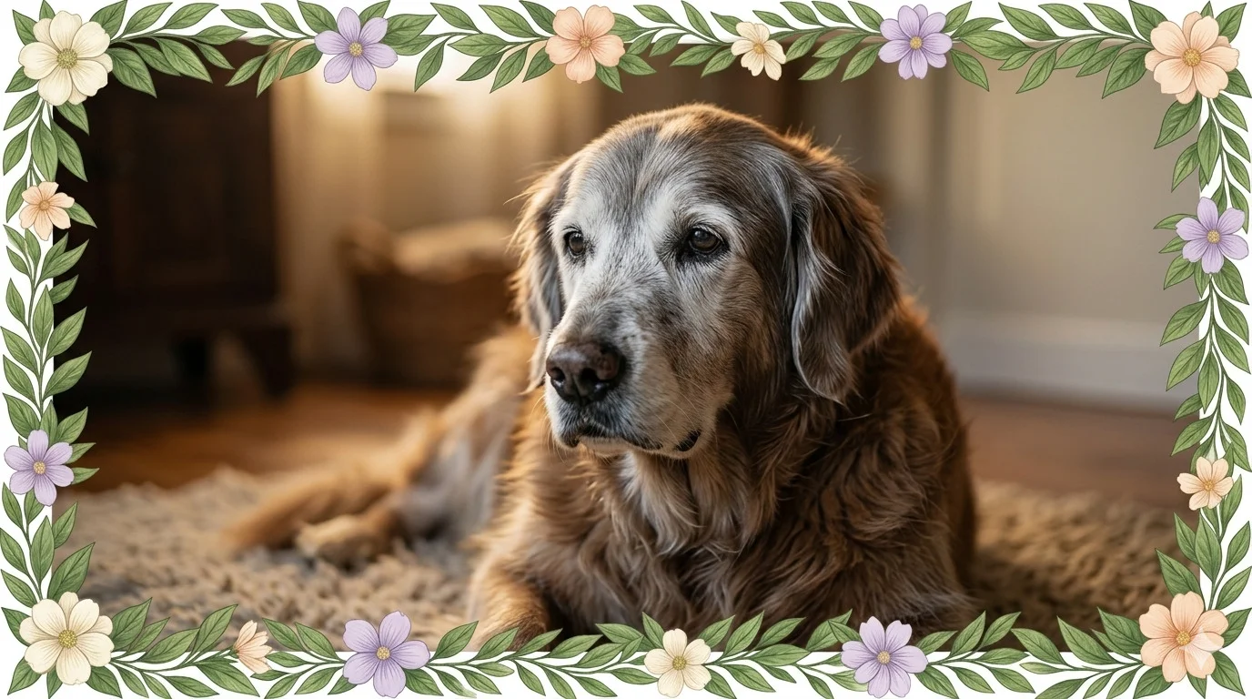 Um cachorro sênior (Golden Retriever com focinho grisalho) com olhar desfocado e dazed (atordoado), emoldurado por ramos de folhas verdes realistas e flores pastéis (creme, lavanda suave, pêssego pálido), sem rosa. Foto 16:9 horizontal do Guia Pet Sênior.