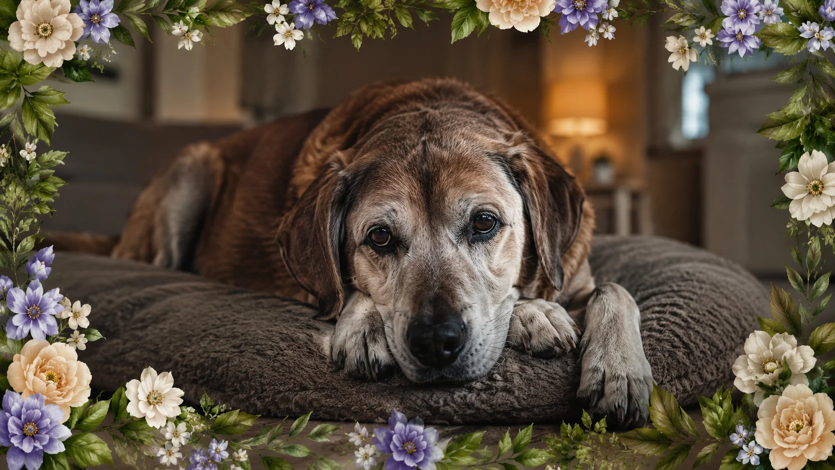 Cachorro sênior com expressão melancólica e pacífica, descansando pesadamente no centro de uma sala de estar confortável. A imagem possui formato retangular 16:9, sem textos, emoldurada por bordas decorativas sutis de folhas verdes realistas e flores pastéis em tons de creme, pêssego pálido e lavanda suave, compondo a identidade visual do Guia Pet Sênior.