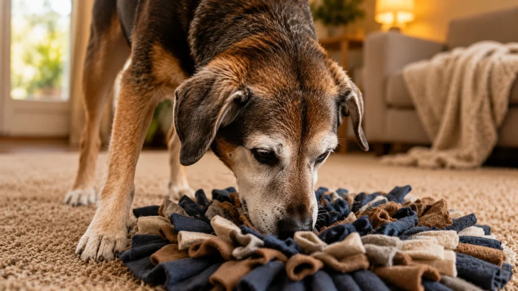 Cachorro idoso interagindo deitado com um tapete de forrageamento colorido, buscando petiscos escondidos no tecido.