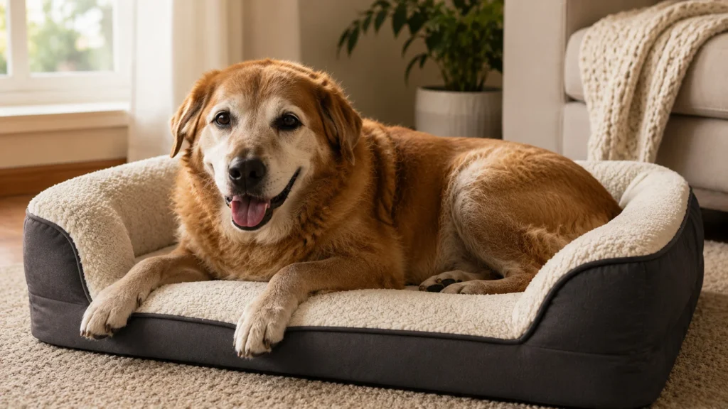 Cama ortopédica retangular e espessa para cães, posicionada no canto de uma sala iluminada com potes elevados de água e comida ao lado.