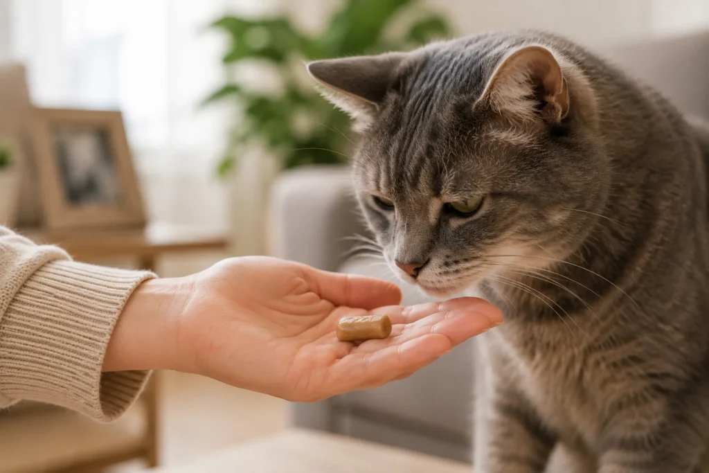 Tutor oferecendo petisco funcional para gato idoso para reverter a falta de apetite.
