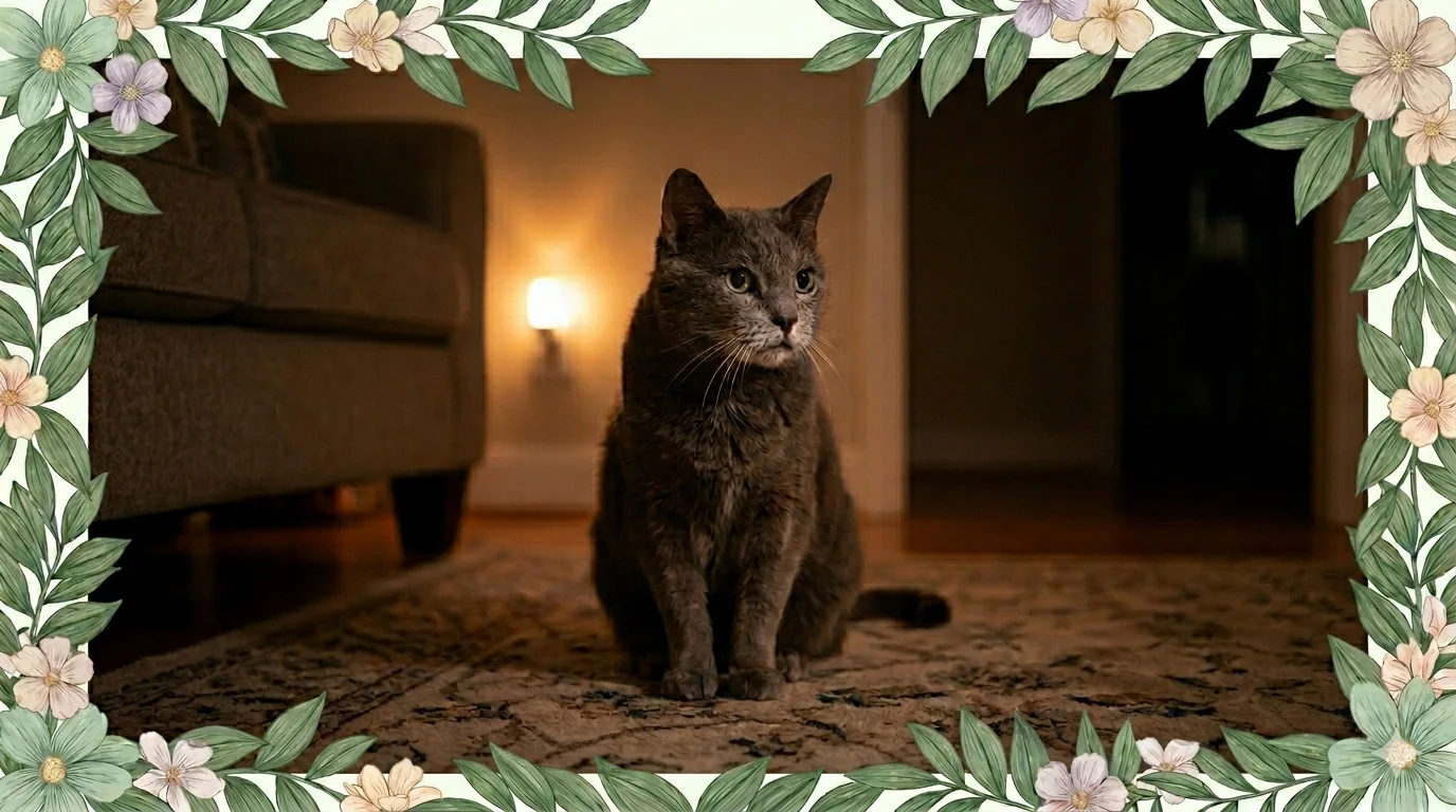 gato idoso miando alto à noite de pelagem cinza e focinho levemente esbranquiçado, sentado em um ambiente com luz noturna suave, representando a desorientação e a disfunção cognitiva felina. Imagem com moldura de folhas verdes do Guia Pet Sênior.