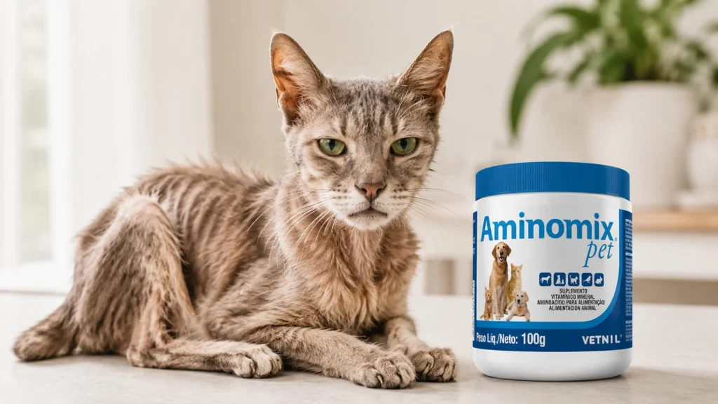 Imagem realista de um gato idoso muito magro ao lado de suplemento alimentar vitamínico em ambiente claro, confortável e profissional. A cena representa cuidados relacionados à perda de peso em felinos idosos, incluindo suporte nutricional, ganho de massa corporal e melhora da qualidade de vida do gato sênior.