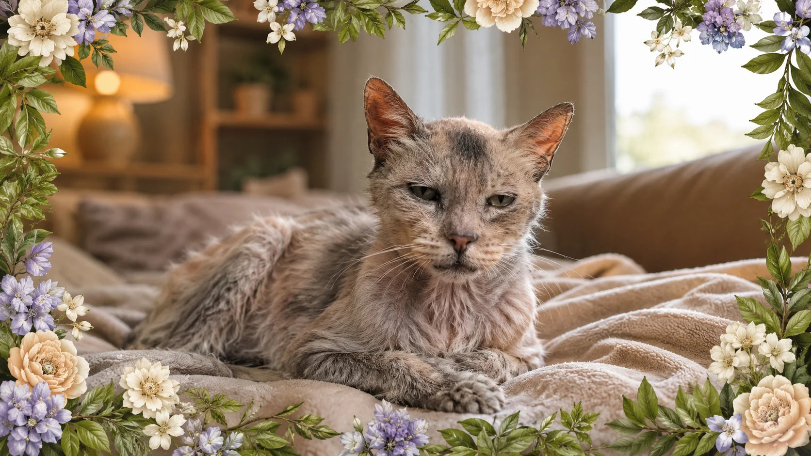 Gato idoso com pelagem rala e aspecto frágil, mas visivelmente cuidado, descansando confortavelmente em uma sala de estar aconchegante. A imagem possui formato retangular 16:9, sem textos, emoldurada por bordas decorativas sutis de folhas verdes realistas e flores pastéis em tons de creme, pêssego e lavanda, compondo o visual padrão do Guia Pet Sênior.
