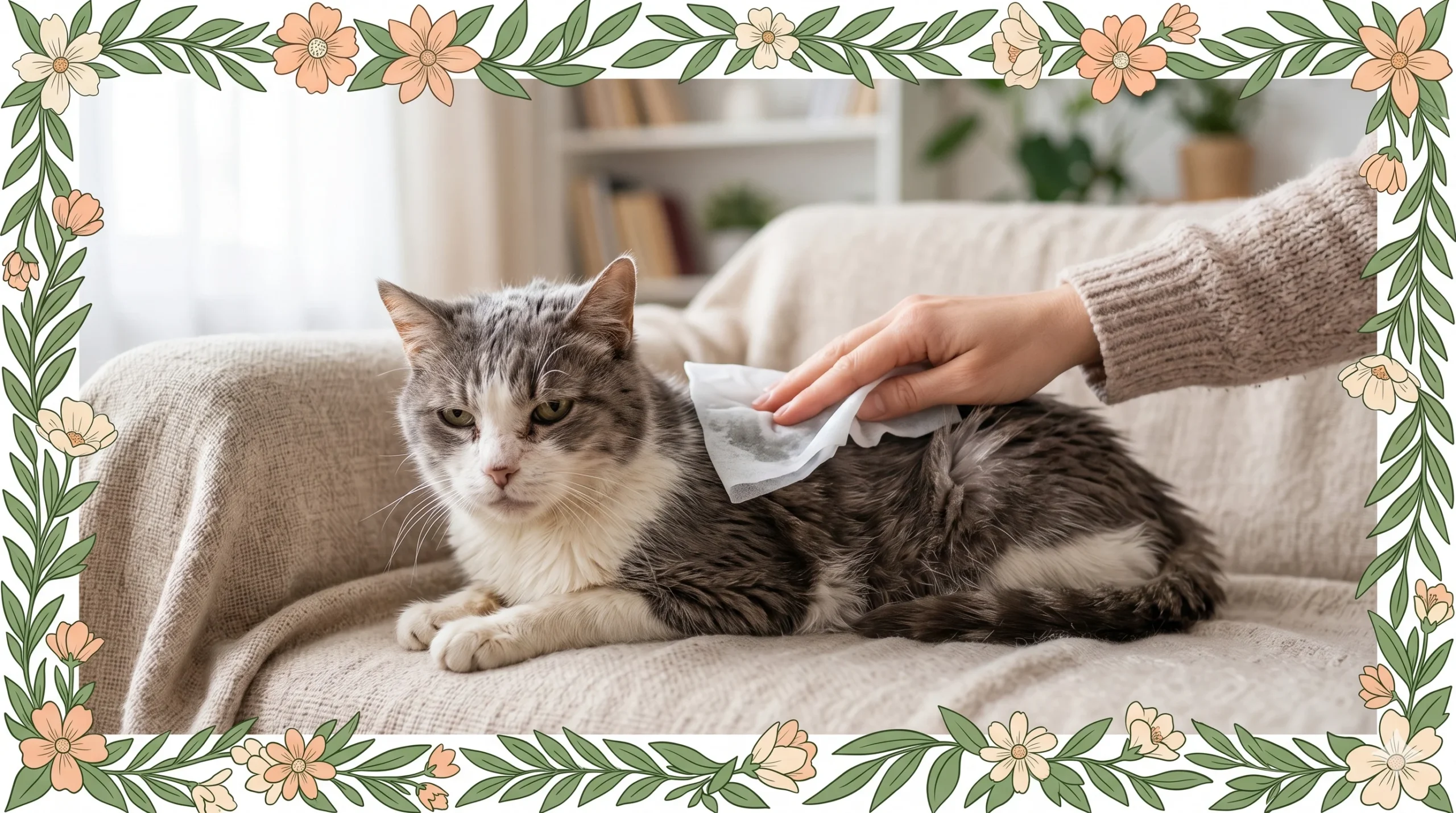 Gato idoso com pelagem levemente embaraçada descansando confortavelmente em um sofá, enquanto uma mão gentil de tutor o higieniza cuidadosamente com um lenço umedecido para pets. Imagem retangular, sem texto, com moldura de folhas verdes e flores em tons pastéis de pêssego e creme do Guia Pet Sênior.