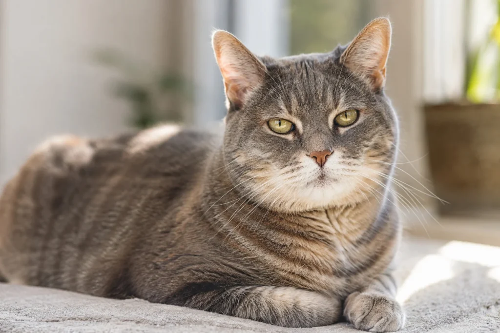 Gato idoso saudável em ambiente iluminado