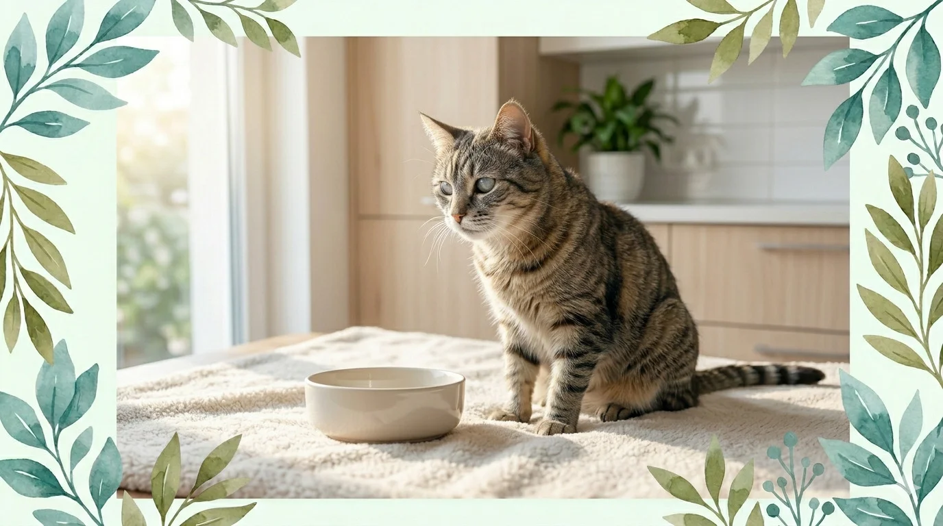Gato idoso recusando a comida em uma sala iluminada, ilustrando o problema do tutor quando o pet para de comer.