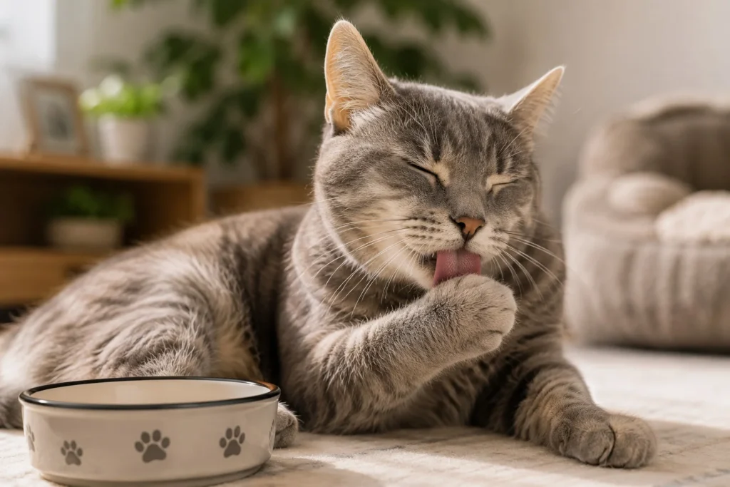 Gato idoso saudável e satisfeito após seguir o guia de palatabilidade felina.