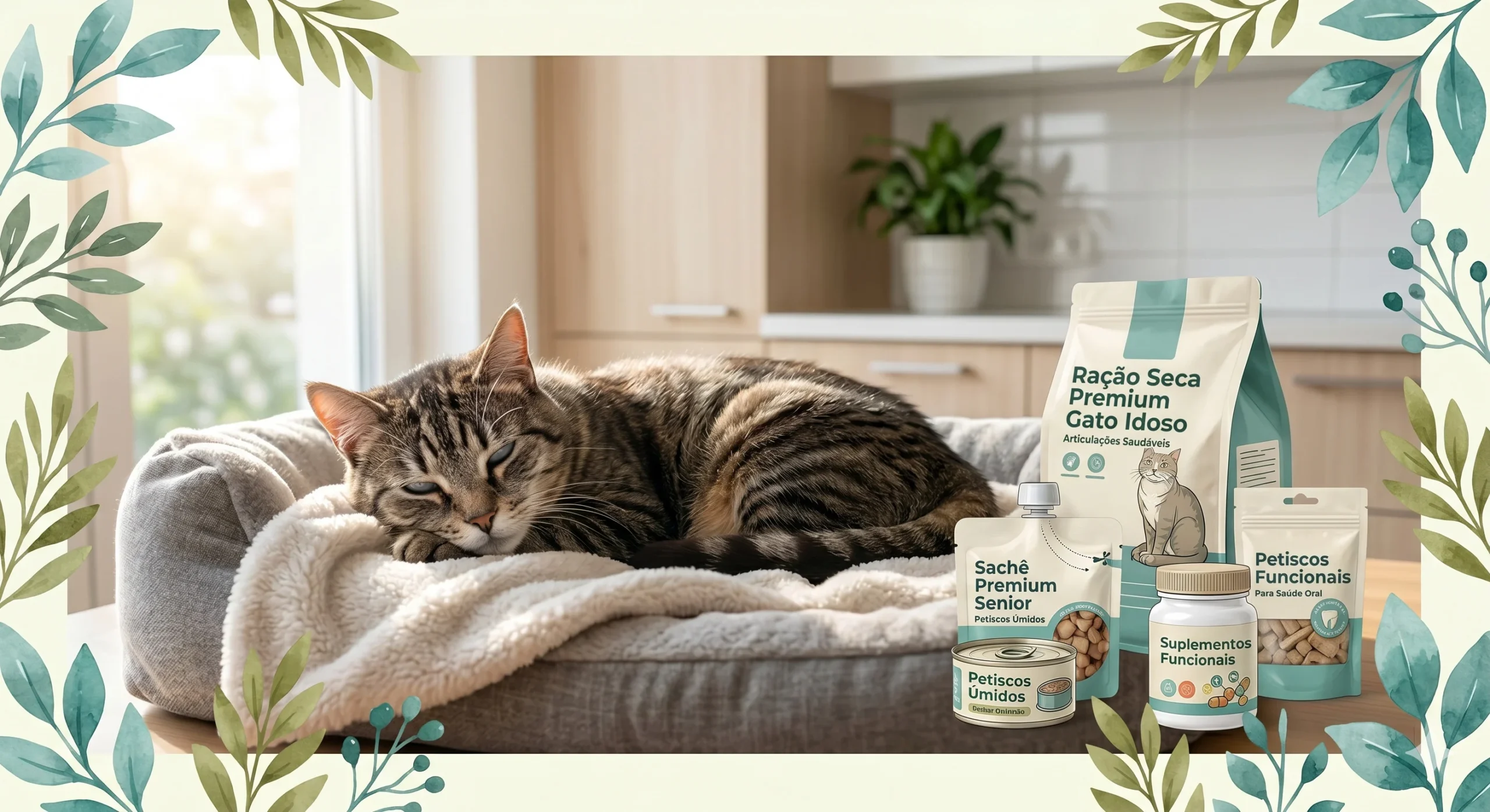 Gato idoso descansando em caminha confortável ao lado de uma seleção de nutrição sênior: ração seca premium, sachês, petiscos funcionais e suplementos, com moldura botânica do Guia Pet Sênior.
