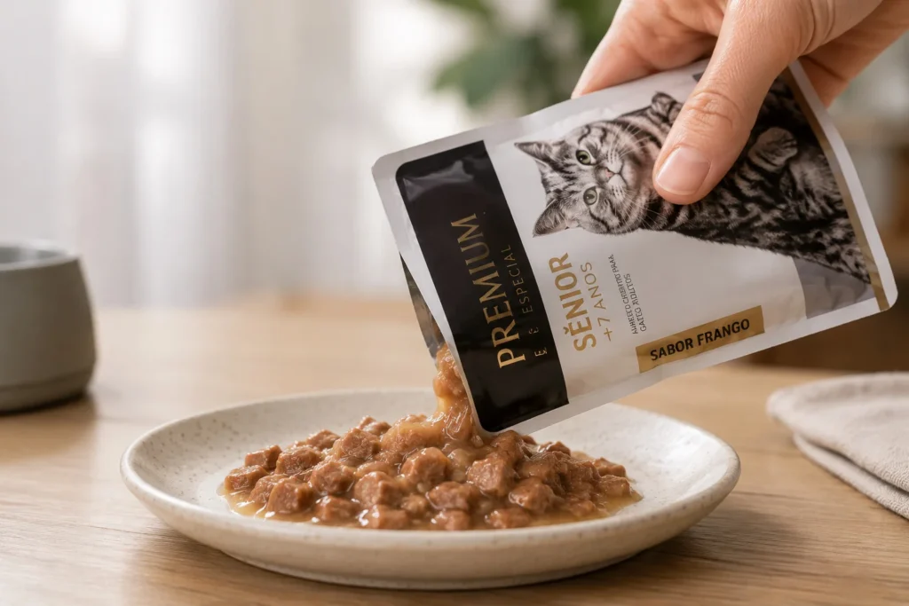 Ração úmida para gatos idosos servida em prato raso para facilitar a alimentação.