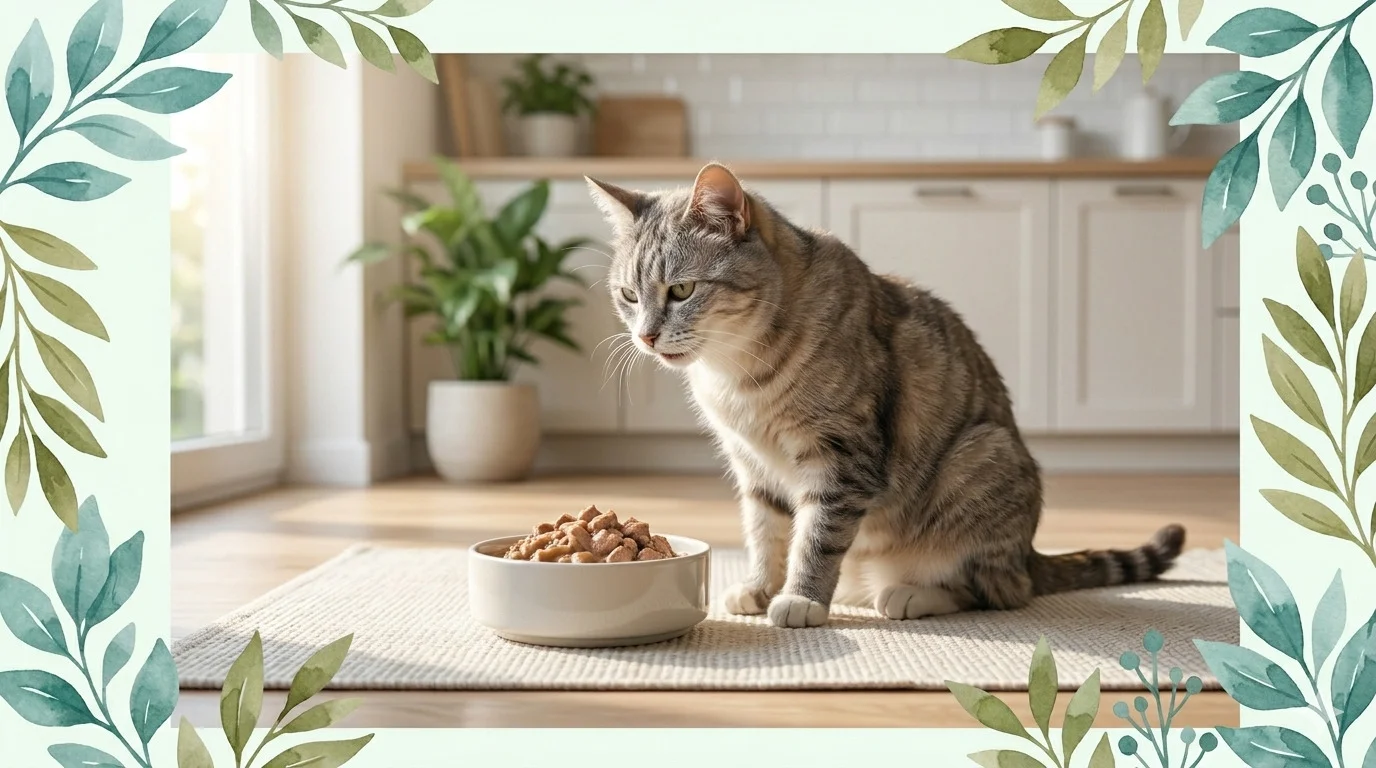 Gato idoso de pelagem tigrada comendo ração úmida em um pote cerâmico na cozinha, com moldura botânica suave seguindo o estilo Guia Pet Sênior.