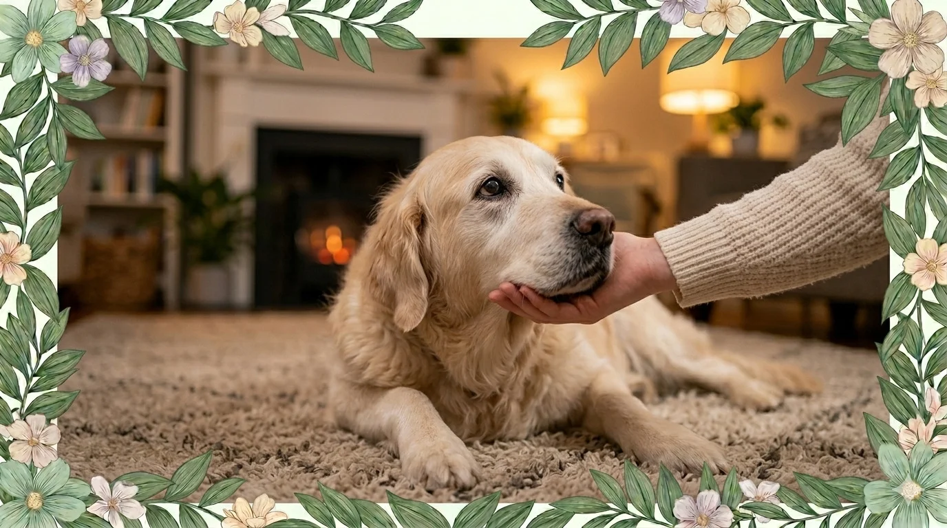 Cachorro idoso de pelagem clara e olhar sereno deitado em uma sala aconchegante, recebendo carinho no focinho de seu tutor. Imagem retangular com foco total no pet e uma moldura delicada de folhas verdes e flores em tons pastéis do Guia Pet Sênior.