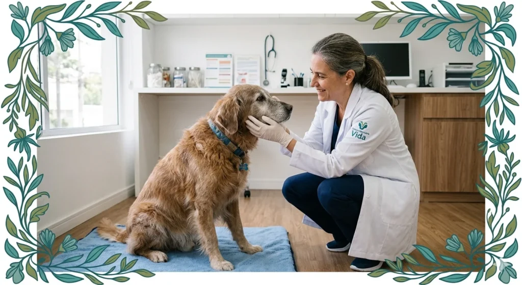 veterinário avaliando cachorro idoso com problema alimentar