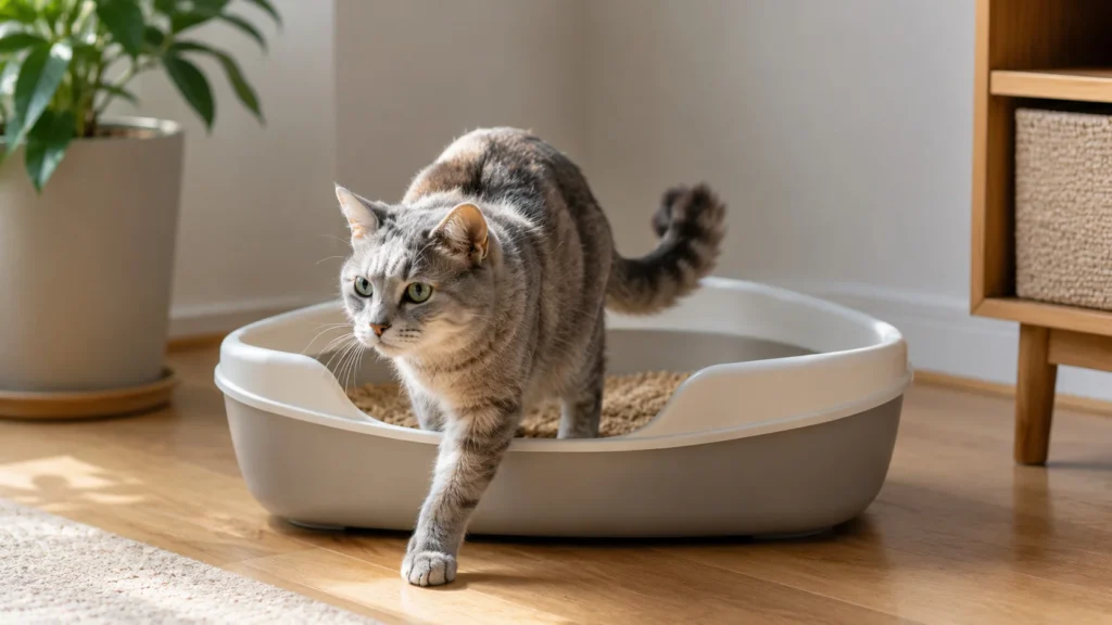 Caixa de areia higiênica e ergonômica com a entrada frontal bem baixa, evitando piora nos sinais de doença em gato idoso durante o uso diário.