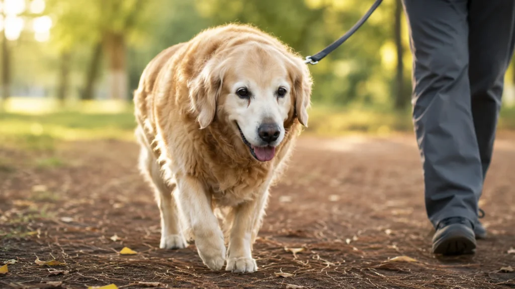 Cão da terceira idade desfrutando de um passeio lento e em terreno macio para manter a massa magra sem forçar e lesionar as articulações velhas.