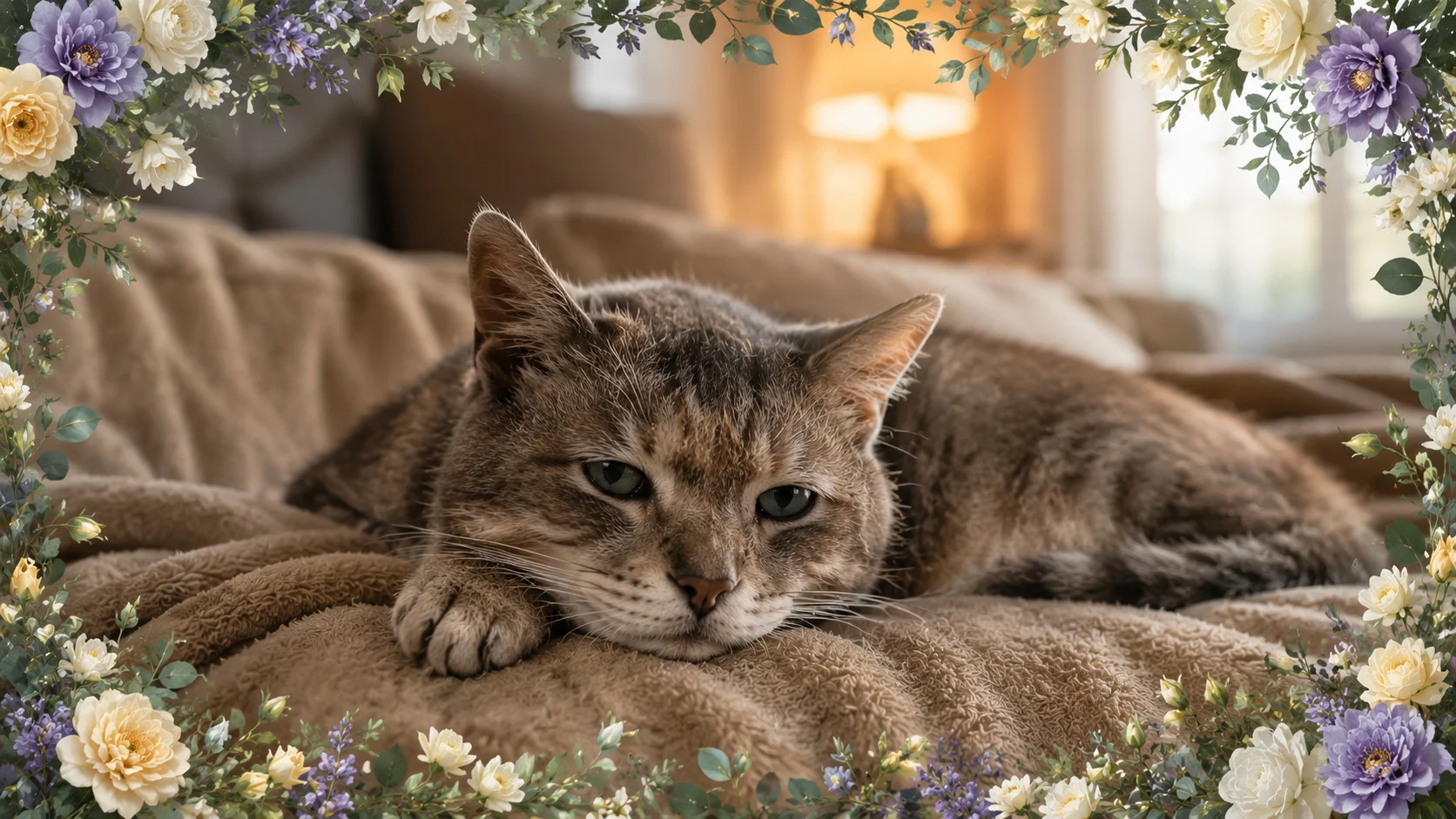 comportamento estranho gato idoso: felino sênior descansando no centro de um ambiente confortável, com expressão tranquila e olhar cansado. A imagem possui formato retangular 16:9, sem textos, e é emoldurada por bordas decorativas sutis de folhas verdes realistas e flores pastéis em tons de creme, pêssego pálido e lavanda suave, compondo a identidade visual do Guia Pet Sênior.