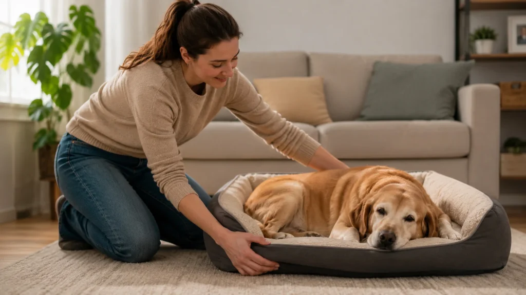 Mulher ajustando uma cama ortopédica para seu cãozinho, aplicando os conhecimentos e demonstrando como o Curso de Cuidados com Cães Idosos vale a pena.