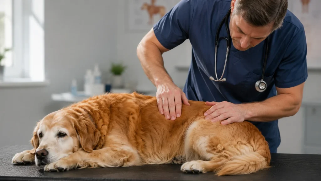Médico veterinário realizando palpação ortopédica cuidadosa para verificar a sensibilidade na espinha dorsal de um cachorro mais velho.