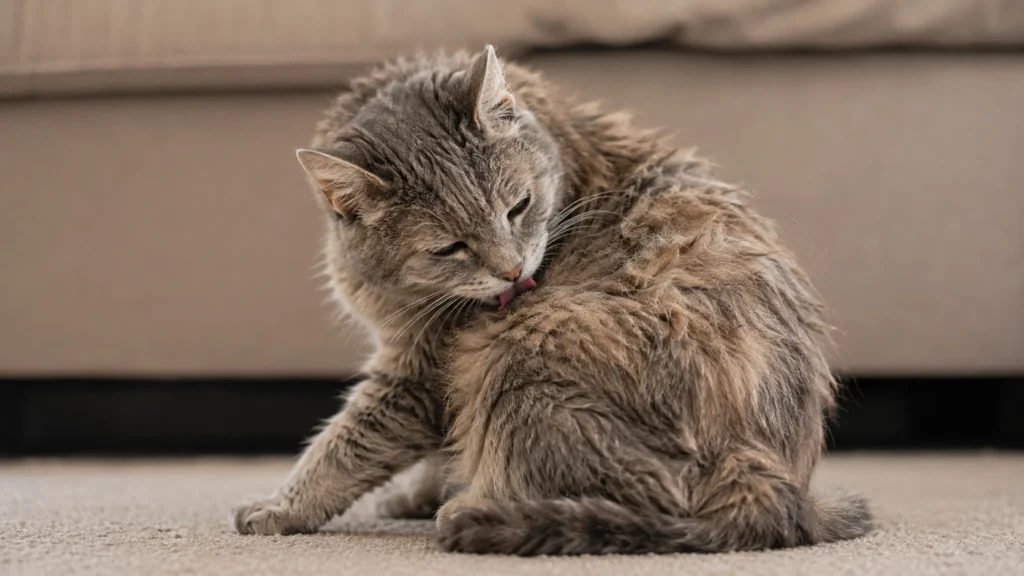 Gato idoso com pelos opacos tentando alcançar as costas para se lamber, evidenciando sinais de doença em gato idoso e dor nas juntas.