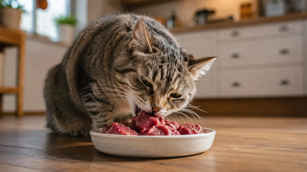 Gato sênior comendo com muita vontade uma porção rica de carne fresca na cozinha do tutor.
