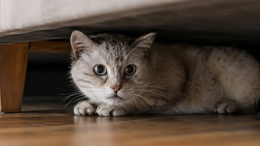 Felino sênior apresentando sinais de doença em gato idoso, escondido na sombra embaixo de uma cama com olhos arregalados.