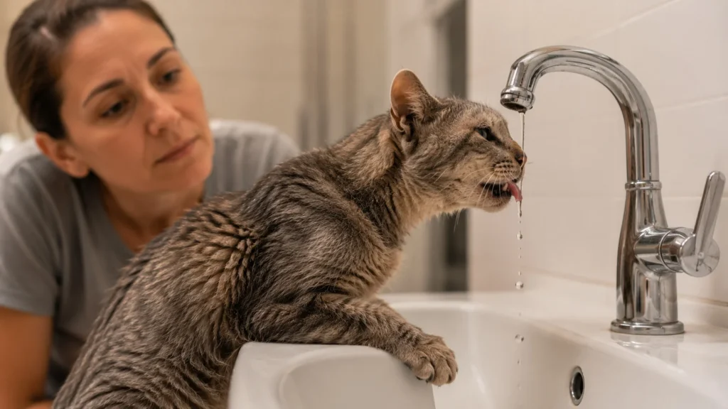 Tutor observando os sinais de doença em gato idoso, notando o felino sênior bebendo água desesperadamente de uma torneira pingando na pia.
