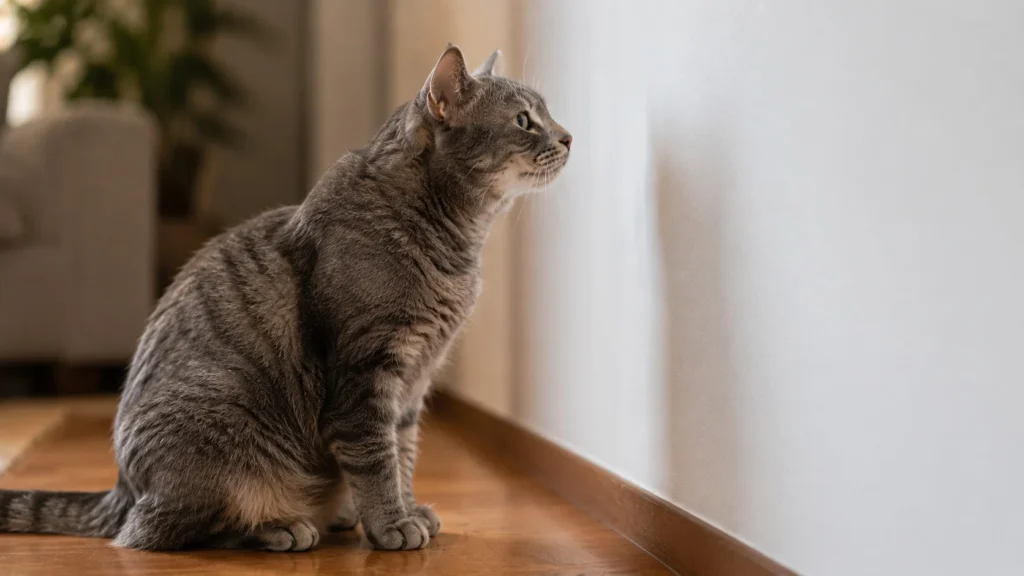Gato com focinho grisalho sentado no chão da sala, olhando para a parede e apresentando sinais de doença em gato idoso ligados à cognição.