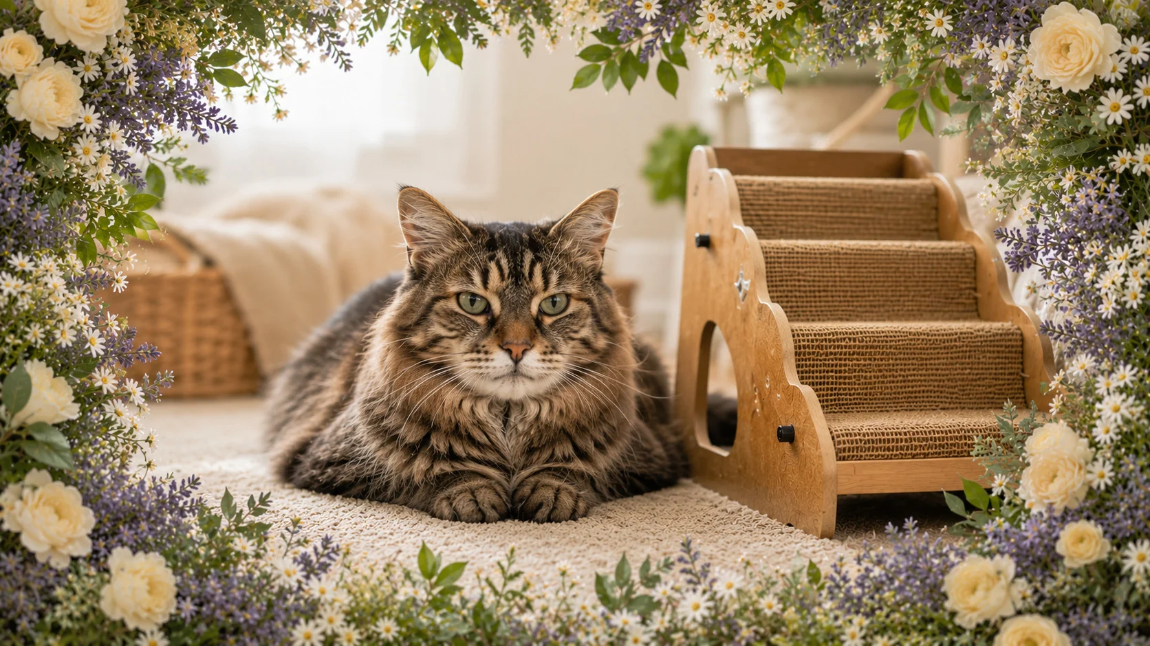melhor escada para gato idoso e a imensa paz inabalável de um pet sênior de pelagem macia que descansa pacificamente no tapete do quarto após usar o equipamento ortopédico essencial que o protege contra dores crônicas.