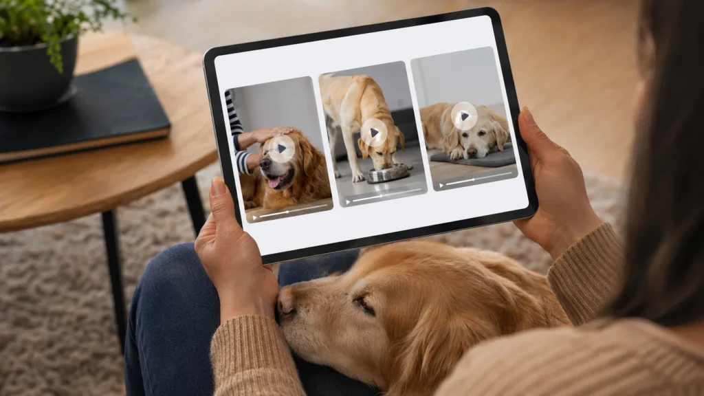 Tela de um tablet mostrando os módulos em vídeo, provando que o Curso de Cuidados com Cães Idosos vale a pena para quem busca conhecimento prático.
