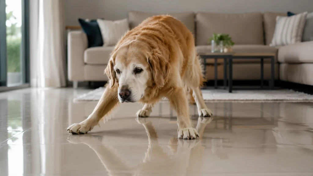 Cão sênior demonstrando instabilidade e dificuldade severa de caminhar sobre um piso de porcelanato excessivamente liso e escorregadio na sala de estar.