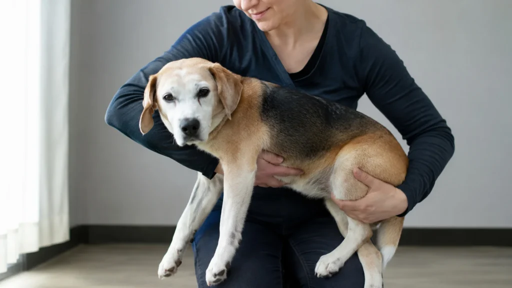 Demonstração visual de como proteger a coluna do cachorro idoso utilizando ambos os braços para nivelar o peito e a pélvis do animal durante a elevação.