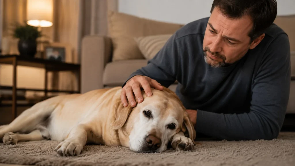 Tutor acariciando um labrador sênior no tapete da sala, refletindo sobre se o Curso de Cuidados com Cães Idosos vale a pena para melhorar a rotina.