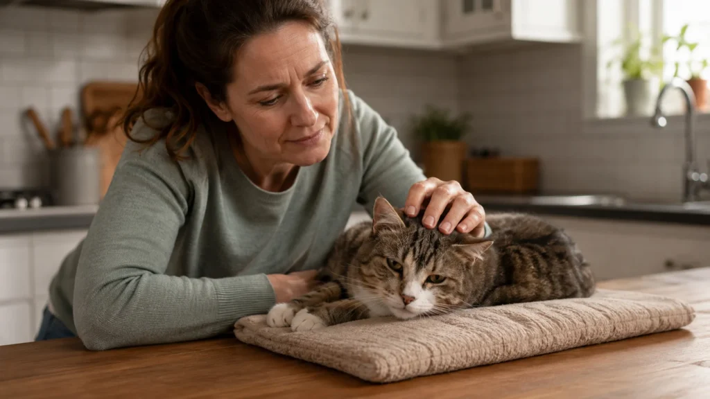 Tutora acariciando um gato idoso na cozinha, refletindo de forma atenta se O Livro Meu Cat Saudável Vale a Pena para melhorar a alimentação dele hoje.