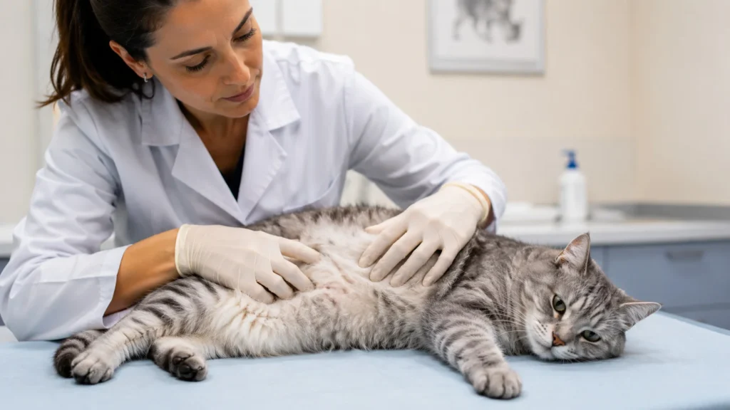 Médica veterinária com expressão empática examinando os sinais de doença em gato idoso no abdômen de um paciente felino sênior no consultório.