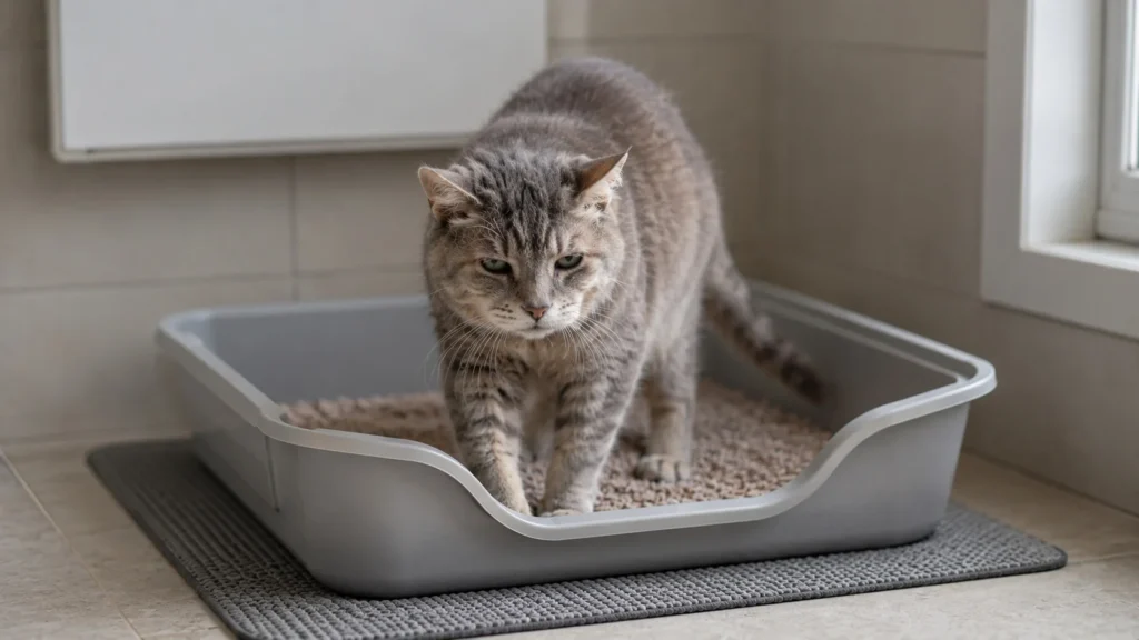 Caixa sanitária adaptada com borda dianteira extremamente baixa para facilitar a entrada do felino geriátrico com desgaste severo na pélvis.