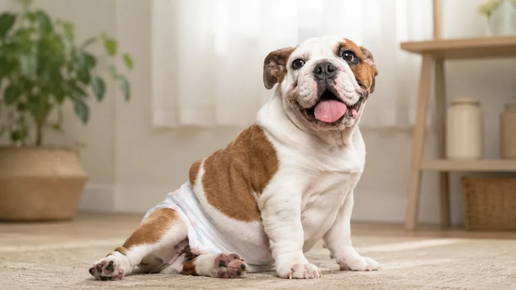 Cão idoso usando fralda, sentado confortavelmente em uma sala clara e aconchegante, com expressão serena, em fotografia realista voltada para cuidados e bem-estar de pets idosos.