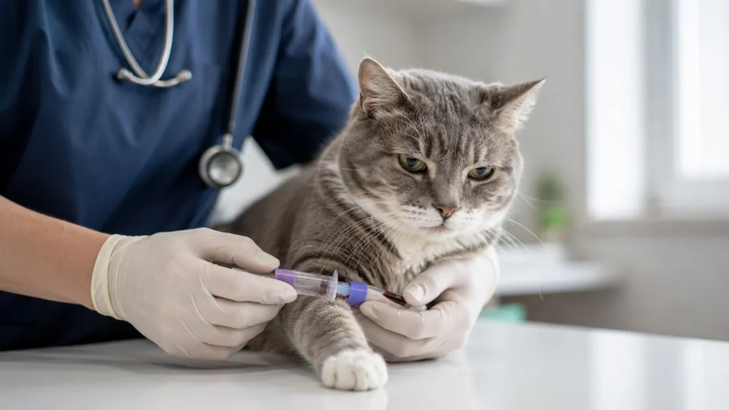 A coleta de exames bioquímicos é o único caminho seguro para entender a raiz do problema de um gato idoso fazendo xixi fora da caixa causado por insuficiência renal crônica.