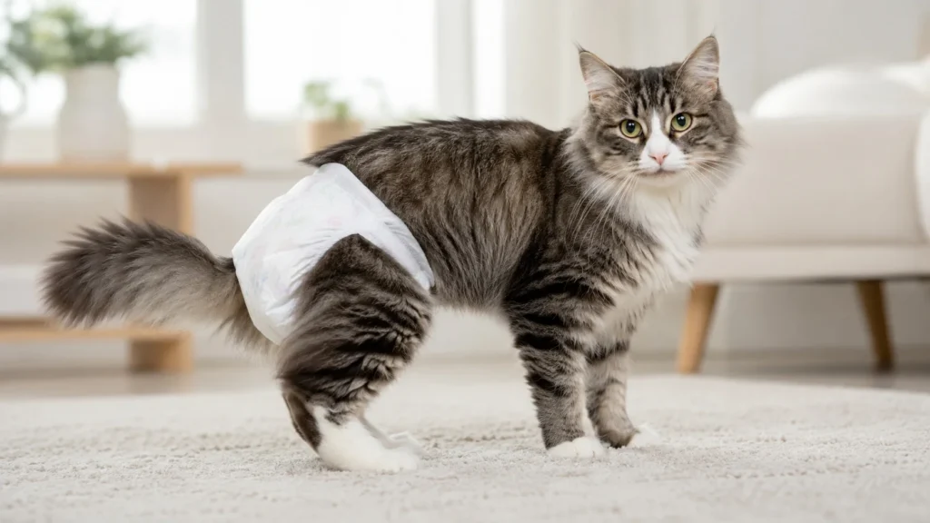 Gato idoso usando fralda, em pé no centro de uma sala clara e aconchegante, com expressão tranquila, em fotografia realista sobre cuidados e bem-estar de felinos idosos