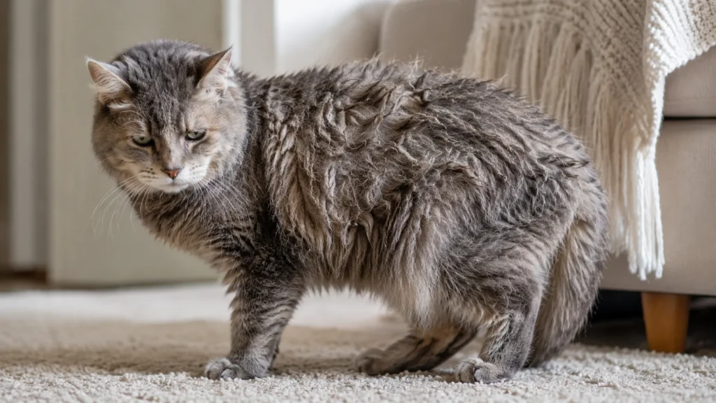 Gato da terceira idade apresentando pelos emaranhados e sem brilho na região lombar traseira devido à incapacidade dolorosa de se curvar para o banho.