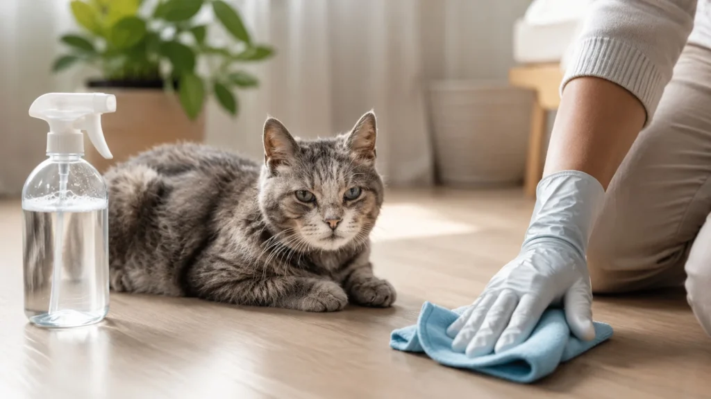 O uso exclusivo de limpadores enzimáticos para neutralizar a amônia é obrigatório para não induzir a reincidência de um gato idoso fazendo xixi fora da caixa.