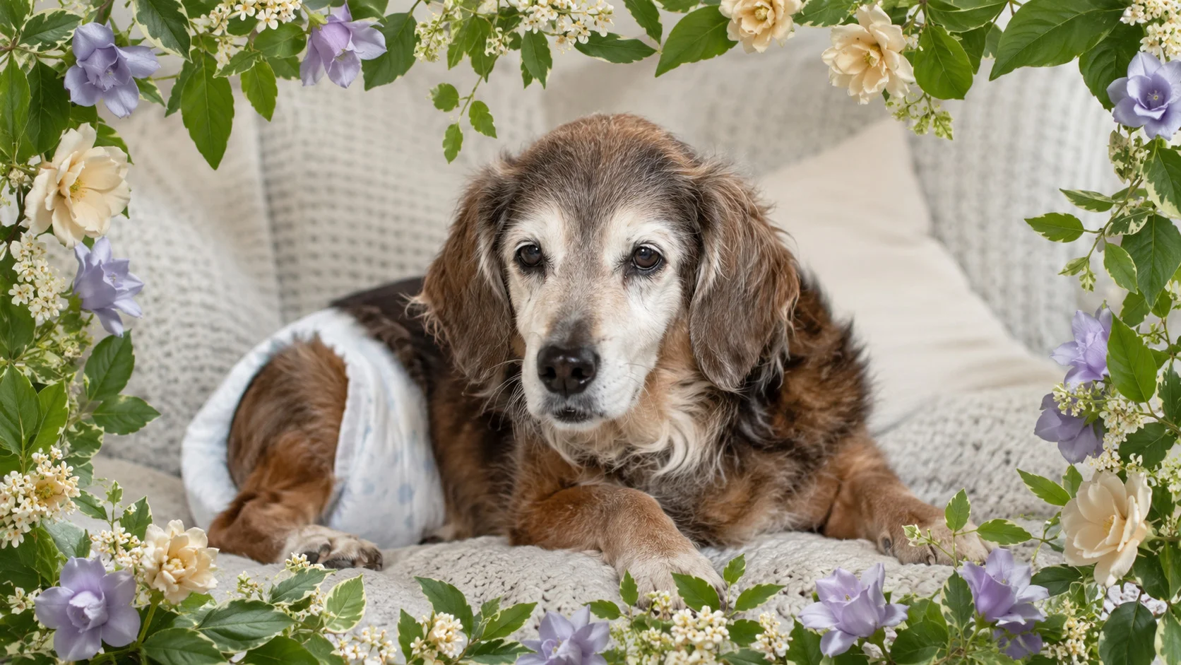 melhor fralda para cachorro idoso repousando tranquilamente em um ambiente limpo e seguro, demonstrando como a higiene correta devolve a dignidade e a paz para o animal geriátrico com incontinência.