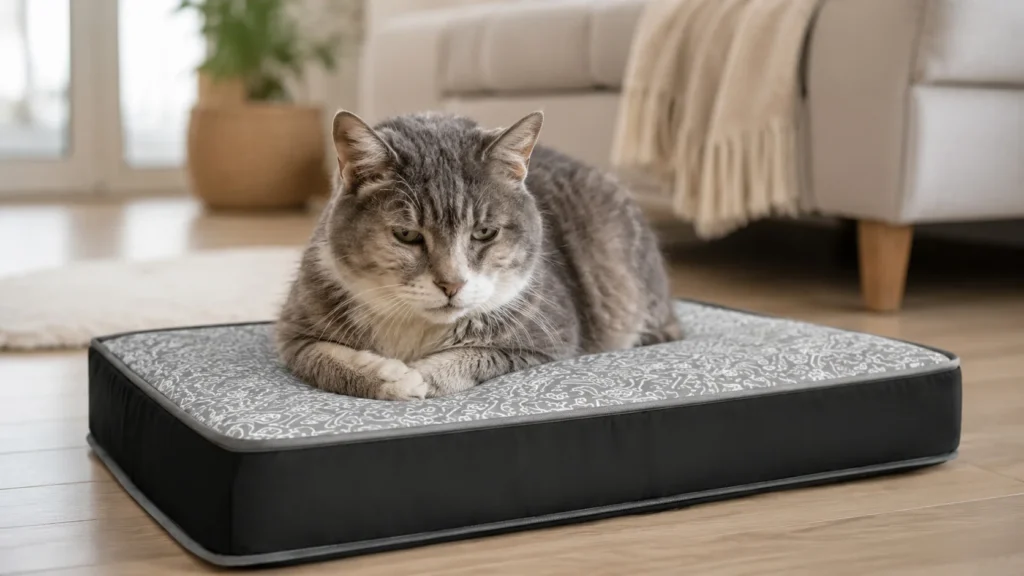 Gato idoso descansando confortavelmente sobre um tapete ortopédico em uma sala de estar clara, iluminada e aconchegante.