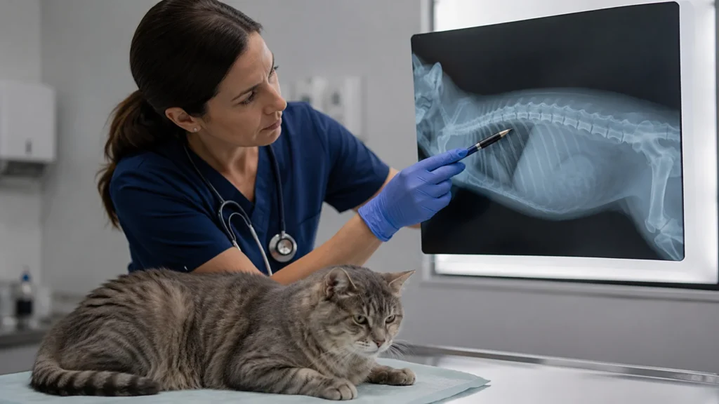 Exame de radiografia veterinária demonstrando a fusão vertebral e o desgaste discal que explicam o quadro de quando o gato idoso não consegue pular sem dor.