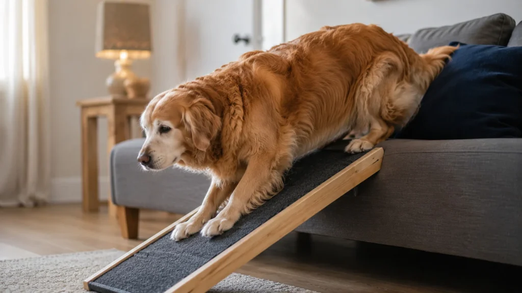 A gestão correta da gravidade com o uso de rampas suaves é parte indispensável da tática de como adaptar a casa para cachorro idoso com artrose.