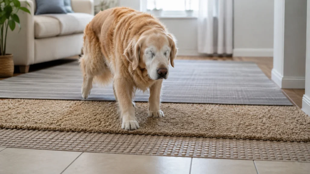Utilizar texturas diferentes no piso para alertar o cão cego sobre perigos é um dos pilares mais avançados de como adaptar a casa para cachorro idoso.