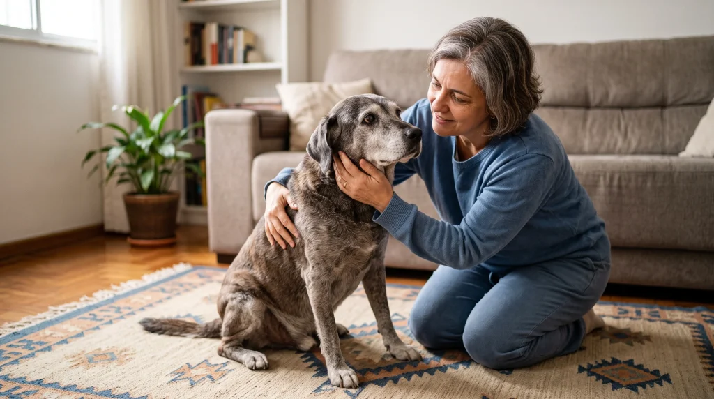 Tutor acalmando cachorro confuso sentado no tapete da sala