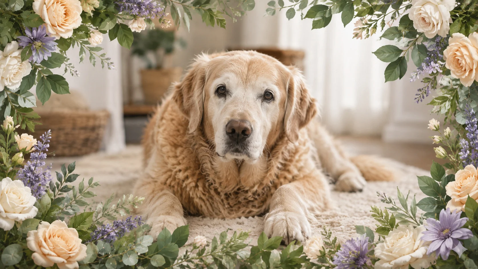 como adaptar a casa para cachorro idoso requer um olhar de pura empatia; o cão sênior repousando em segurança no chão protegido reflete a paz de um ambiente totalmente blindado contra os acidentes.